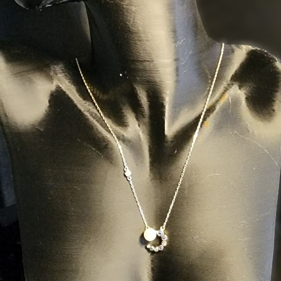 925 Ayar Gümüş Gold İncili Ay-yıldız Kolye