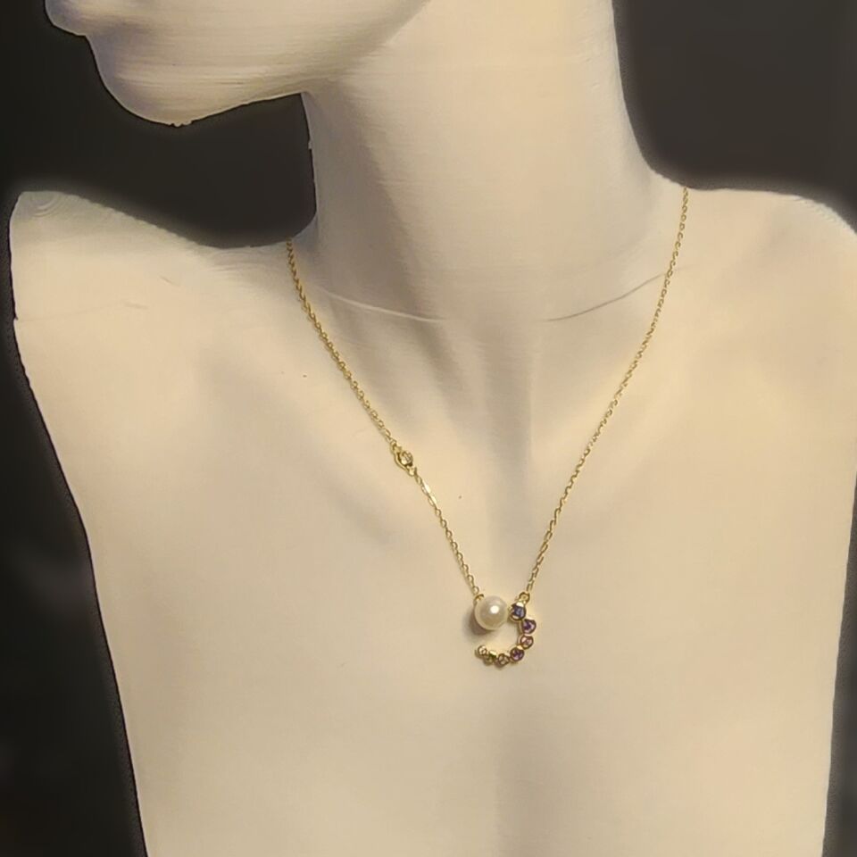 925 Ayar Gümüş Gold İncili Ay-yıldız Kolye