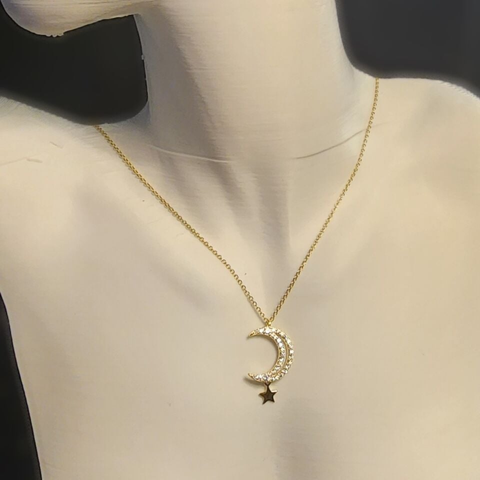 925 Ayar Gümüş Gold Ay Yıldız Kolye