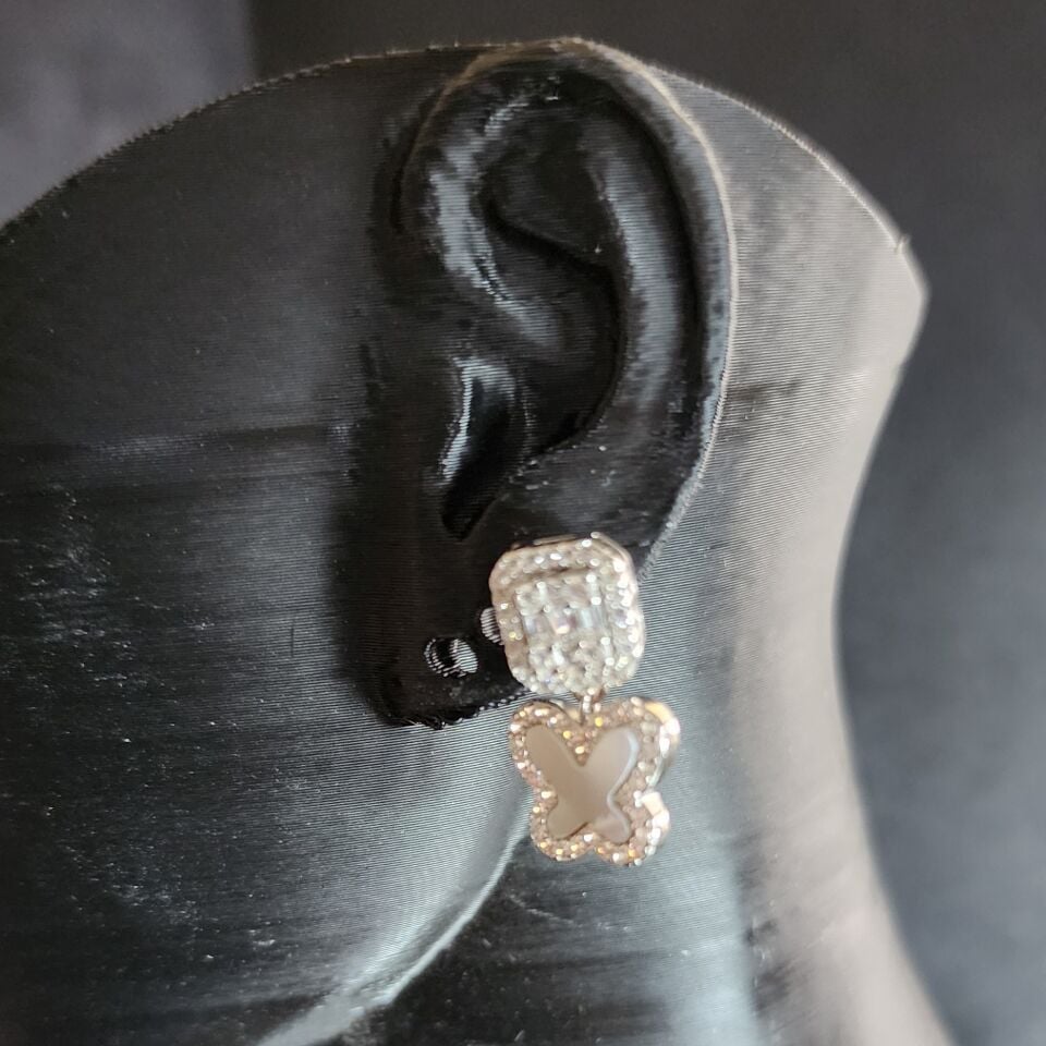 925 Ayar Gümüş Sedefl Baget Taşlı Sallantılı Vidalı Kelebek Küpe