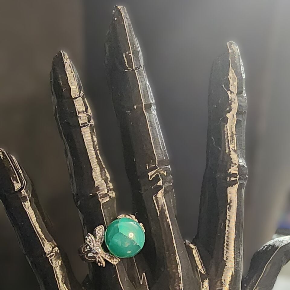 925 Ayar Gümüş  Markazit Yeşil Küre Yüzük