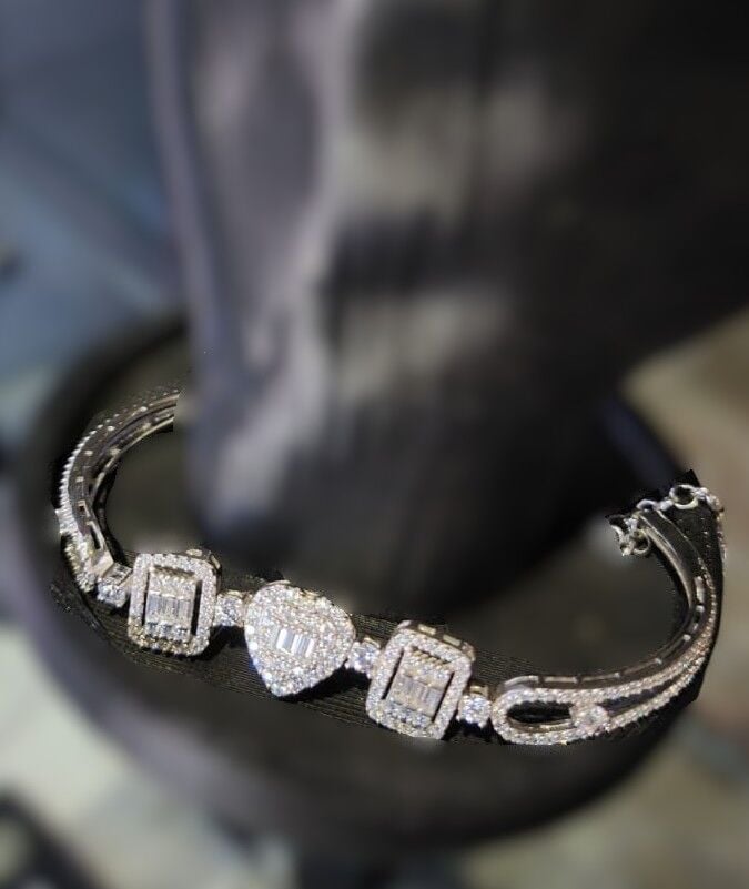 925 Ayar Gümüş Zirkon Taşlı Baget Kare ve Kalp Bileklik