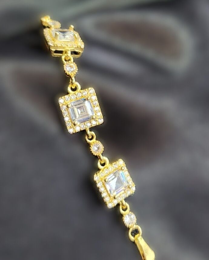 925 Ayar Gümüş Gold Renk Kare Zirkon Bileklik