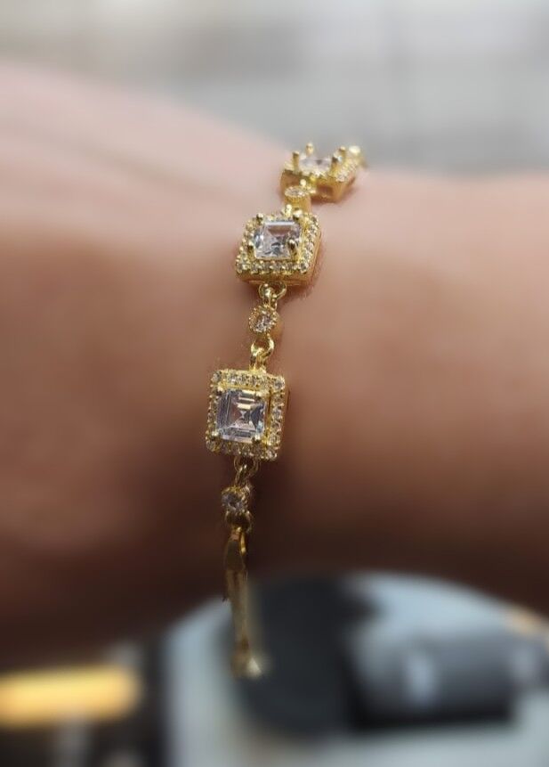 925 Ayar Gümüş Gold Renk Kare Zirkon Bileklik