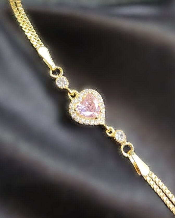 925 Ayar Gümüş Gold Renk Pembe Zirkon Taşlı Bileklik