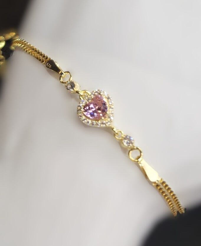 925 Ayar Gümüş Gold Renk Pembe Zirkon Taşlı Bileklik