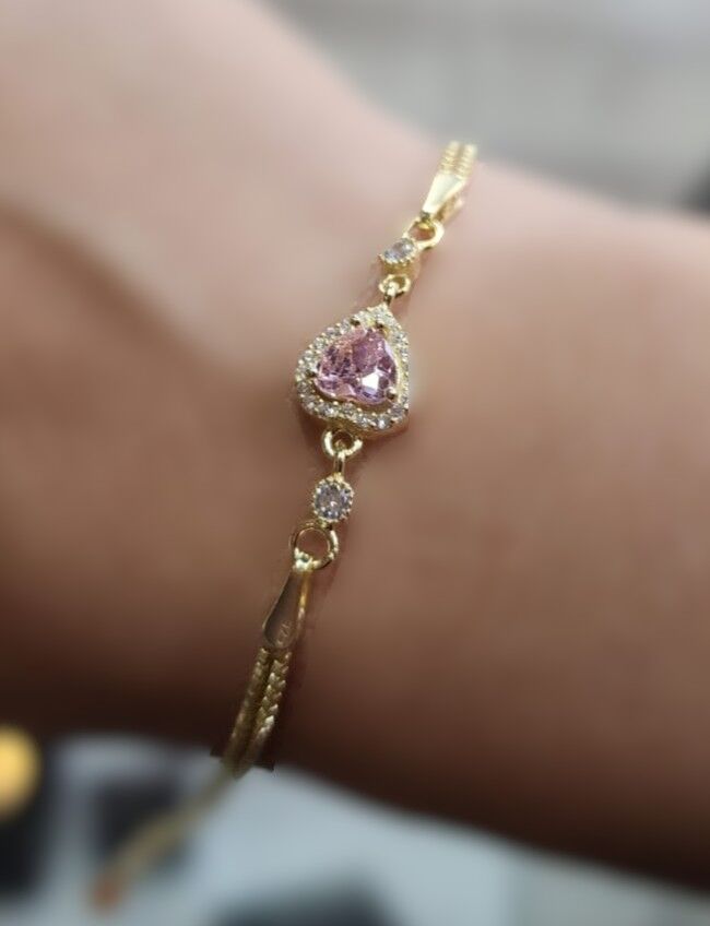 925 Ayar Gümüş Gold Renk Pembe Zirkon Taşlı Bileklik