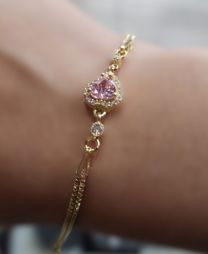 925 Ayar Gümüş Gold Renk Pembe Zirkon Taşlı Bileklik