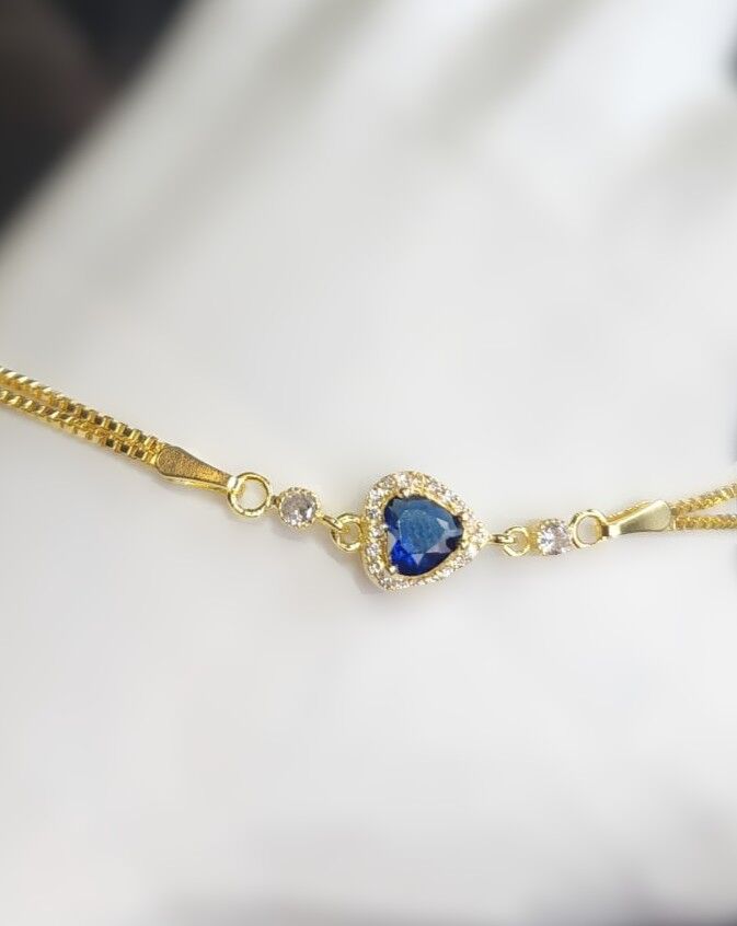 925 Ayar Gümüş Gold Renk Mavi Zirkon Kalp Bileklik