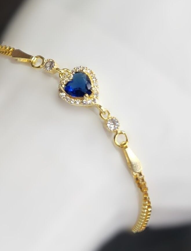 925 Ayar Gümüş Gold Renk Mavi Zirkon Kalp Bileklik
