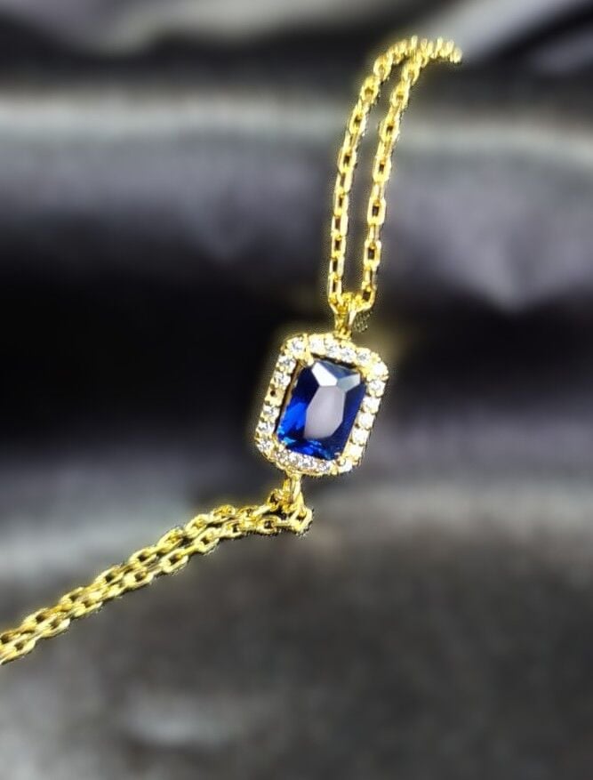 925 Ayar Gümüş Gold Renk Mavi Safir Taşlı Bileklik